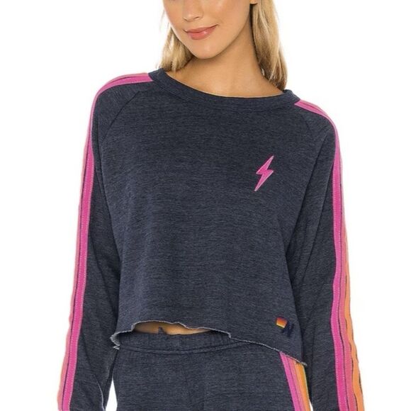 Aviator Nation Sweatshirt XS Aviator Nation Lighting Bolt Cropped Crew - Picture 8 of 9